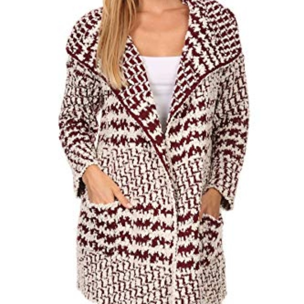 Red White Knit Long Sleeve Sweater Coat